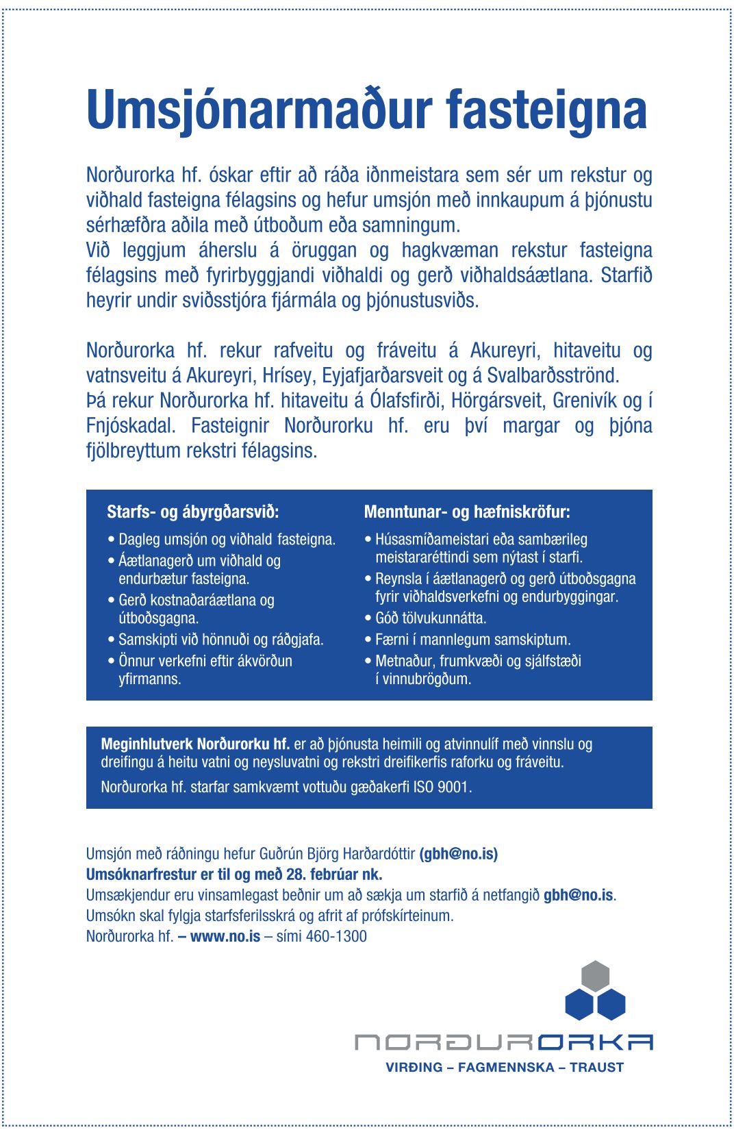 Norðurorka hf. auglýsir lausa stöðu umsjónarmanns fasteigna