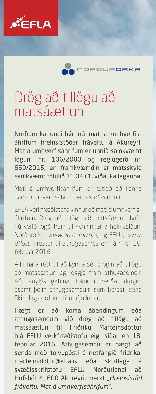 Auglýsing um umhverfismat fráveitu Norðurorku febrúar 2016