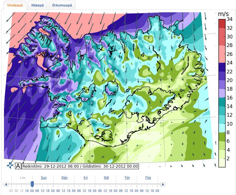 Vindaspá Veðurstofu Íslands 29 desember 2012