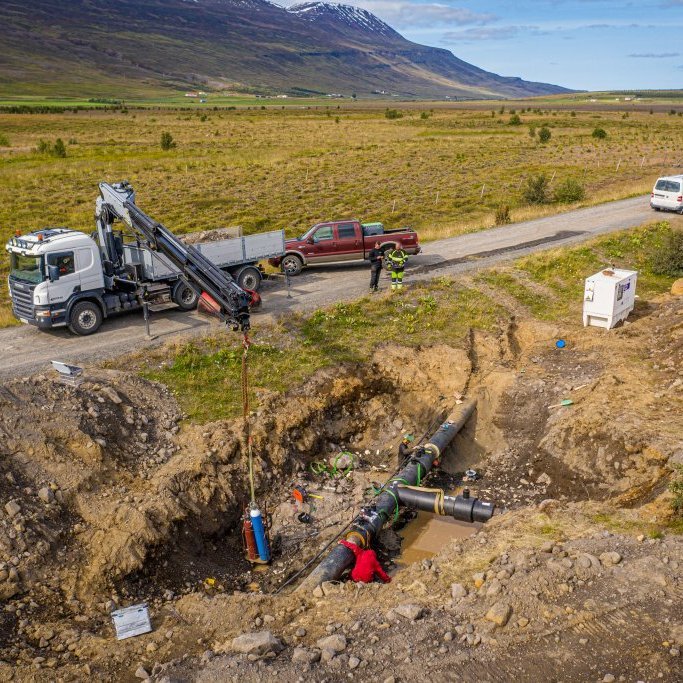 Hjalteyrarlögn - Tengivinna á Hjalteyri í ágúst 2019. Mynd: Auðunn Níelsson